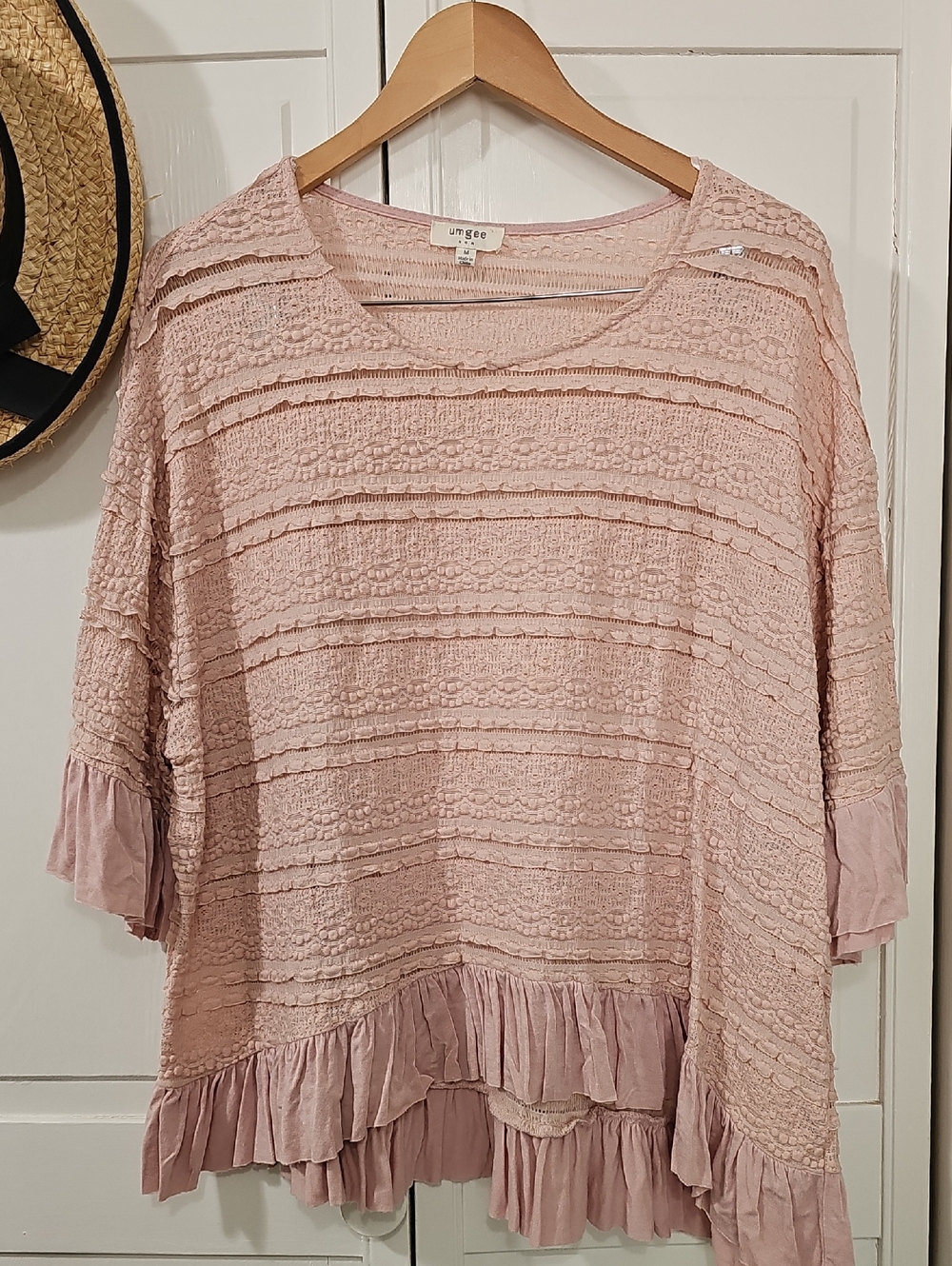 Umgee Blush Pink Lace-Texture Ruffle-Hem Tunic 60% Cotton!